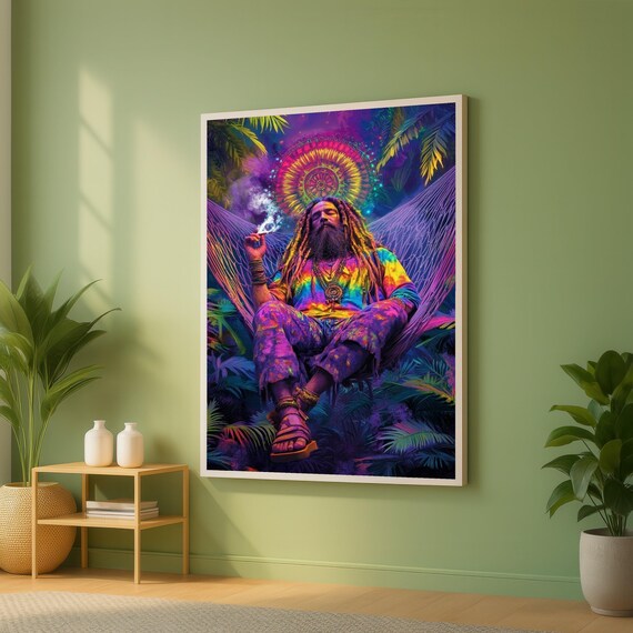 Psychedelic Hippie Man Relaxing In Hammock Tie Dye Boho Art Poster