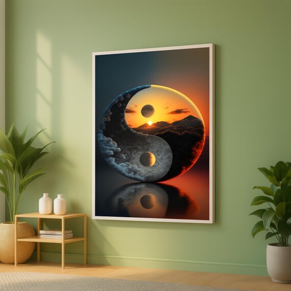 Yin Yang Sunset And Moonrise Over Water Spiritual Art Poster