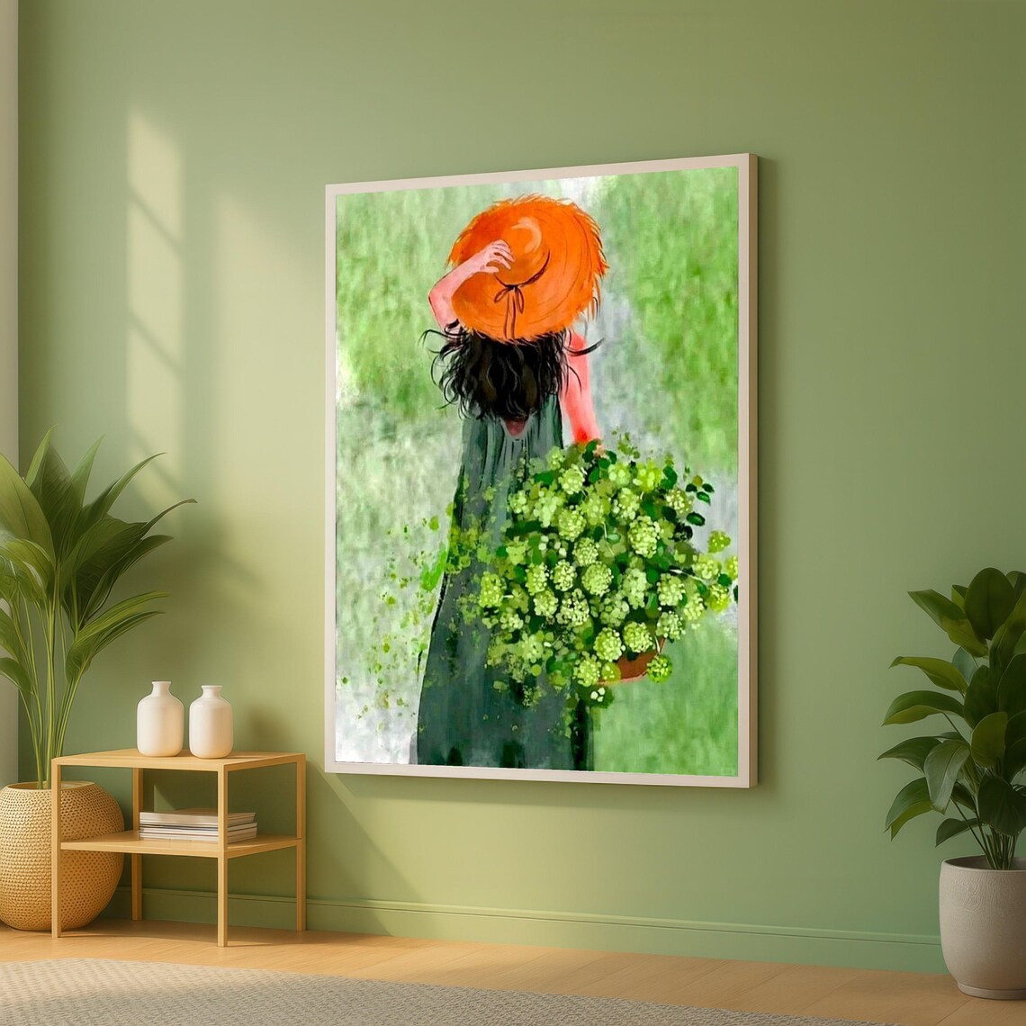 Woman In Orange Sunhat Holding Flower Bouquet From Behind Art Poster