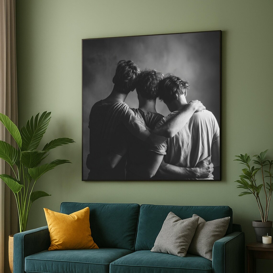 Three Men Embracing Black And White Friendship Photo Art Poster