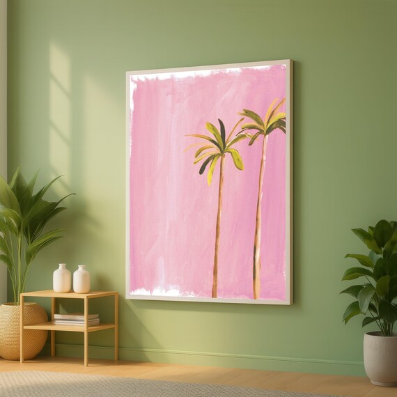 Minimalist Palm Trees Canvas Wall Art Tropical Nature Painting Pink Background Decor Modern Botanical Ready To Hang Artwork