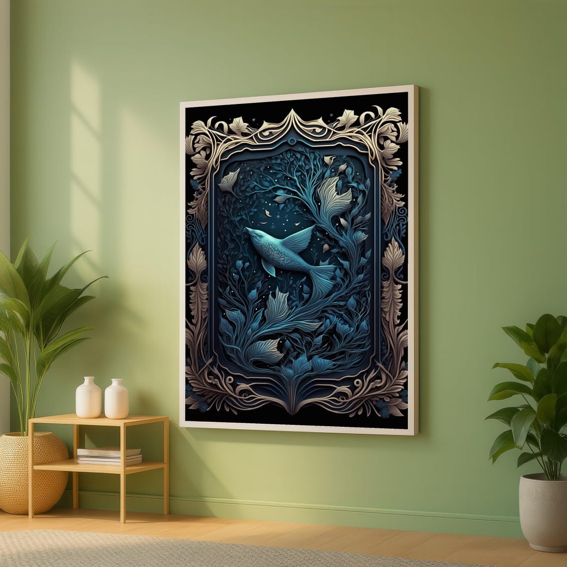 Mystical Blue Hummingbird In Ornate Floral Fantasy Frame Art Poster
