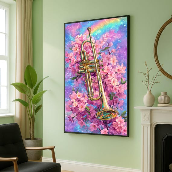 Vibrant Trumpet Canvas Cherry Blossom Wall Art Musical Instrument Decor Floral And Music Colorful Print For Home