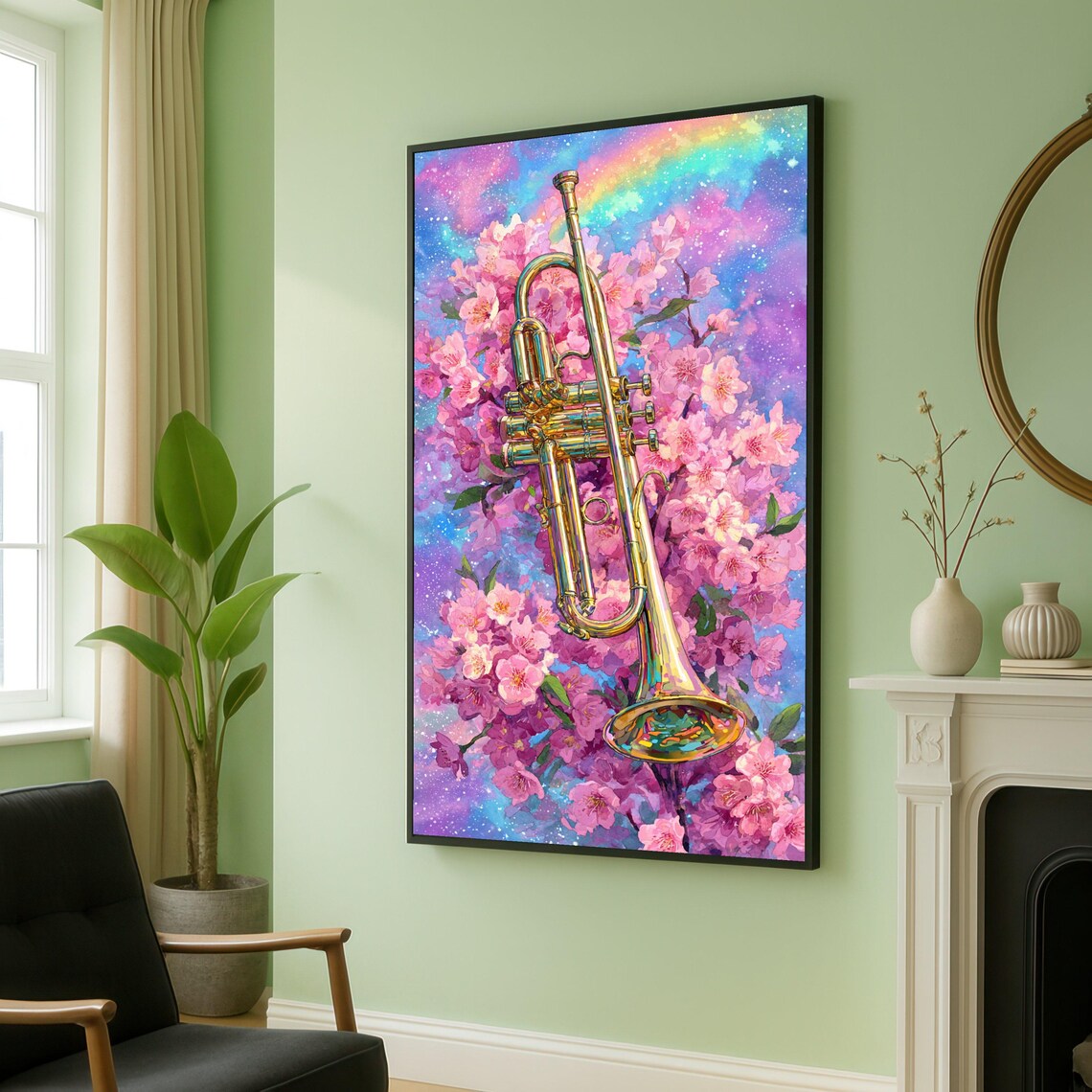 Golden Trumpet Among Cherry Blossoms Colorful Floral Music Poster