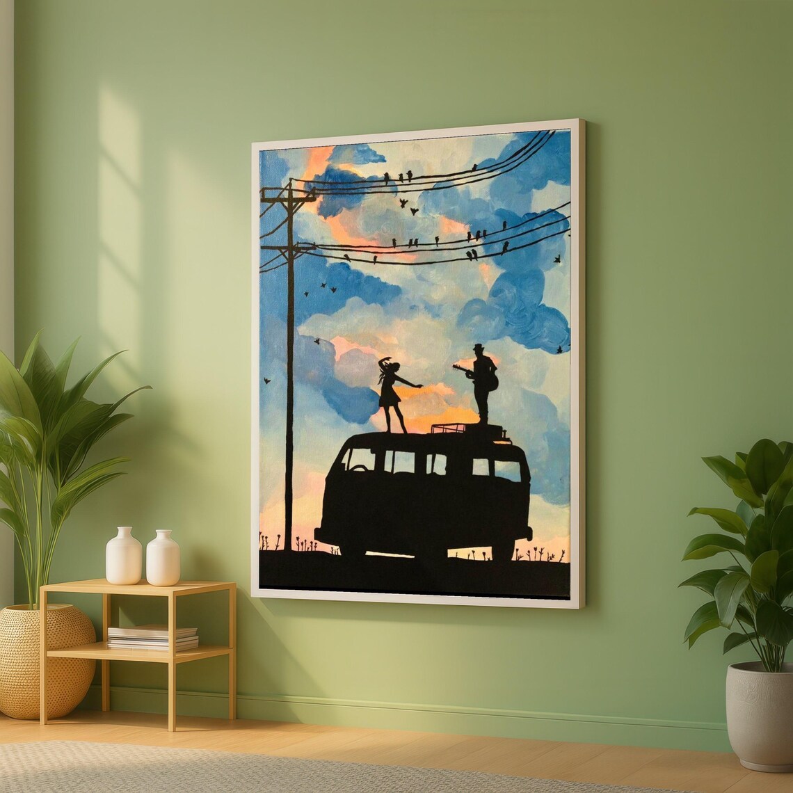 Sunset Van Road Trip Silhouette Couple Music Painting Poster