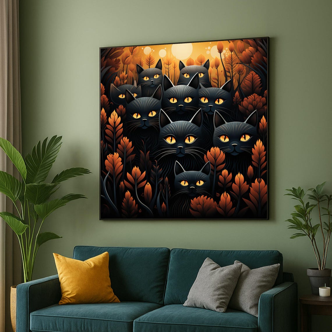 Enchanted Black Cats Autumn Forest Canvas Mystical Cat Wall Art Halloween Home Decor Orange Foliage Print