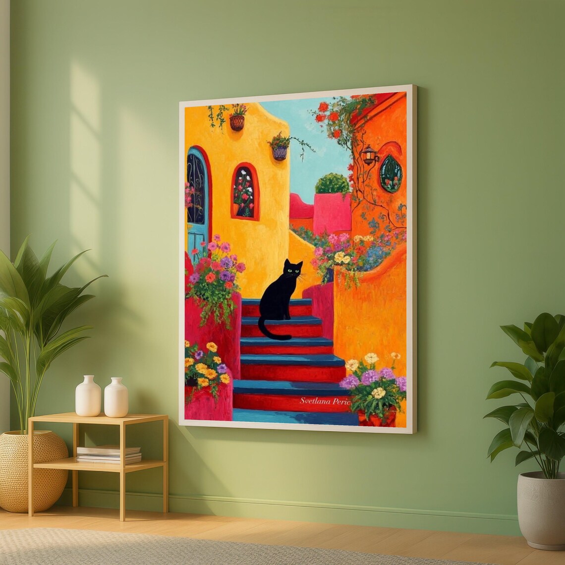 Black Cat On Colorful Mediterranean Flower Stairs Art Poster
