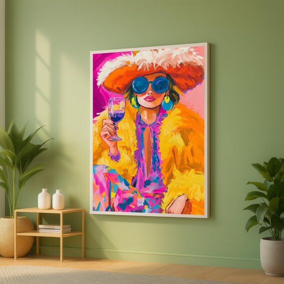 Vibrant Glamour Portrait Canvas Fashion Wall Art Colorful Woman With Wine Glass Bold Abstract Home Decor Ready To Hang