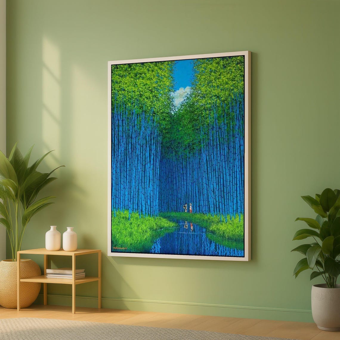 Blue Bamboo Forest Stream Reflection Serene Nature Painting Poster