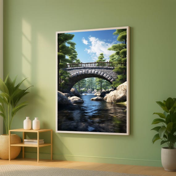 Tranquil River Stone Bridge Canvas Nature Landscape Wall Art Forest Stream Scene Rustic Outdoor Decor Ready To Hang Print