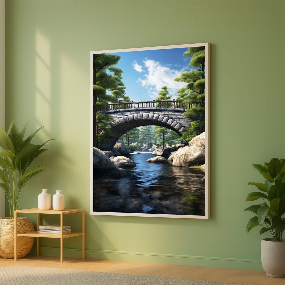 Stone Arch Bridge Over Forest River Tranquil Landscape Poster