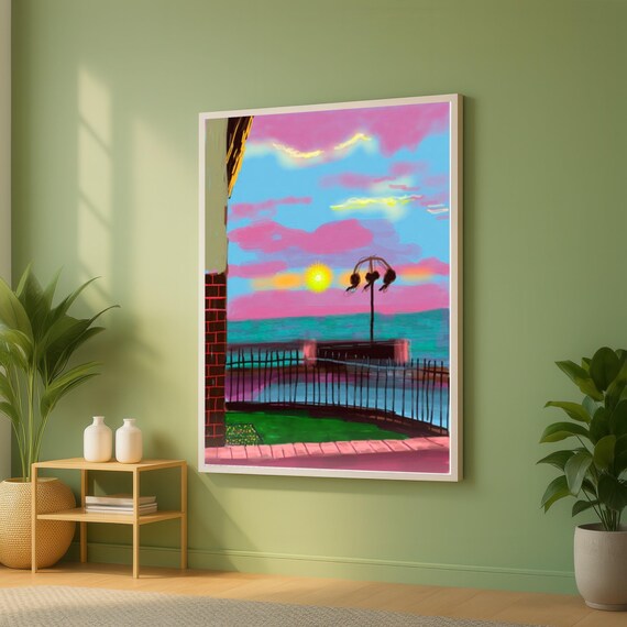 Vibrant Pink Sunset Seaside Promenade Ocean Railing Painting Poster
