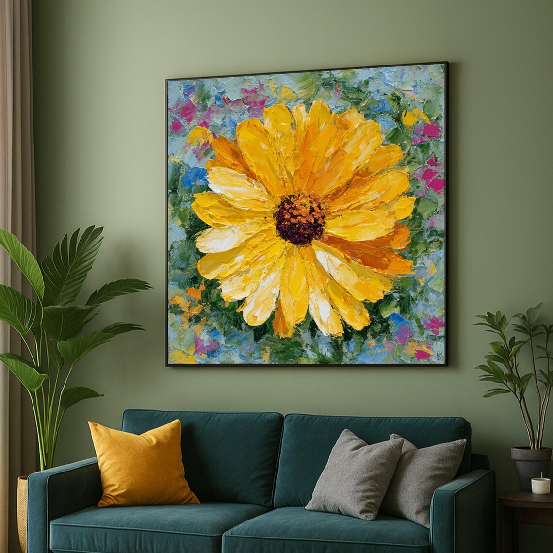 Vibrant Yellow Daisy Bloom Impasto Style Oil Painting Art Poster