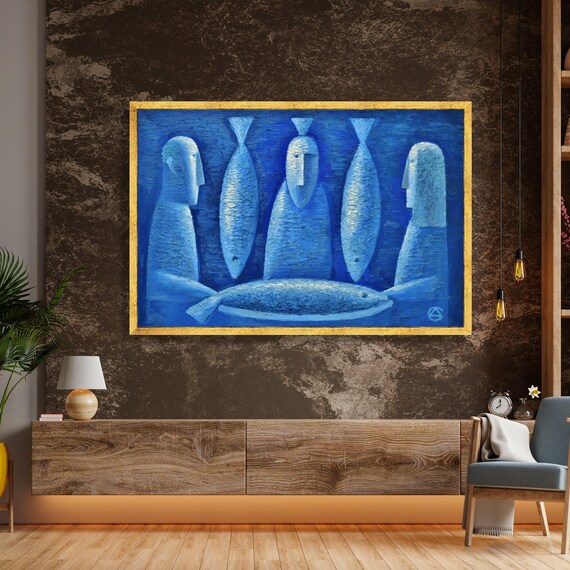 Blue Abstract Figures And Fish Canvas Modern Minimalist Wall Art Ocean Theme Contemporary Home Decor Artistic Painting