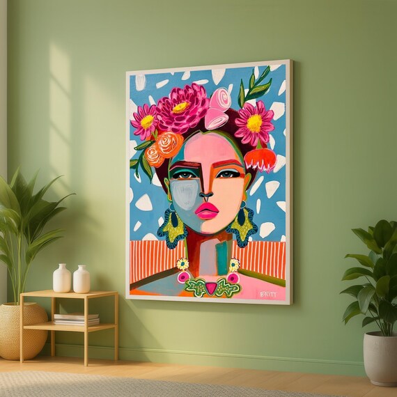 Vibrant Abstract Woman Portrait Canvas Floral Crown Wall Art Colorful Modern Face Painting Bold Decorative Contemporary Home
