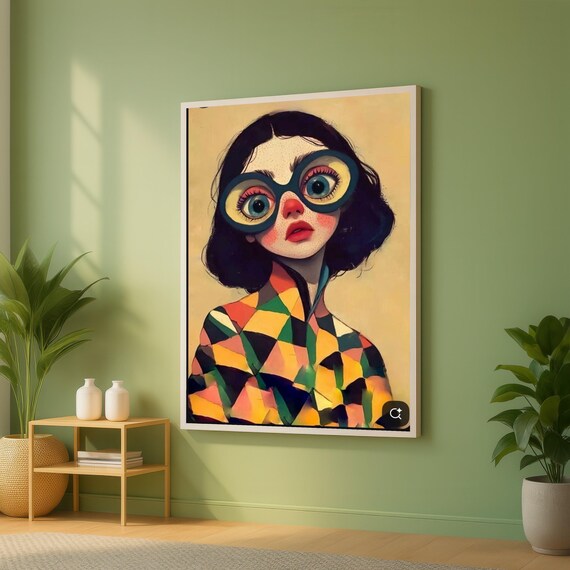 Big Glasses Woman Whimsical Pop Art Geometric Colorful Portrait Poster