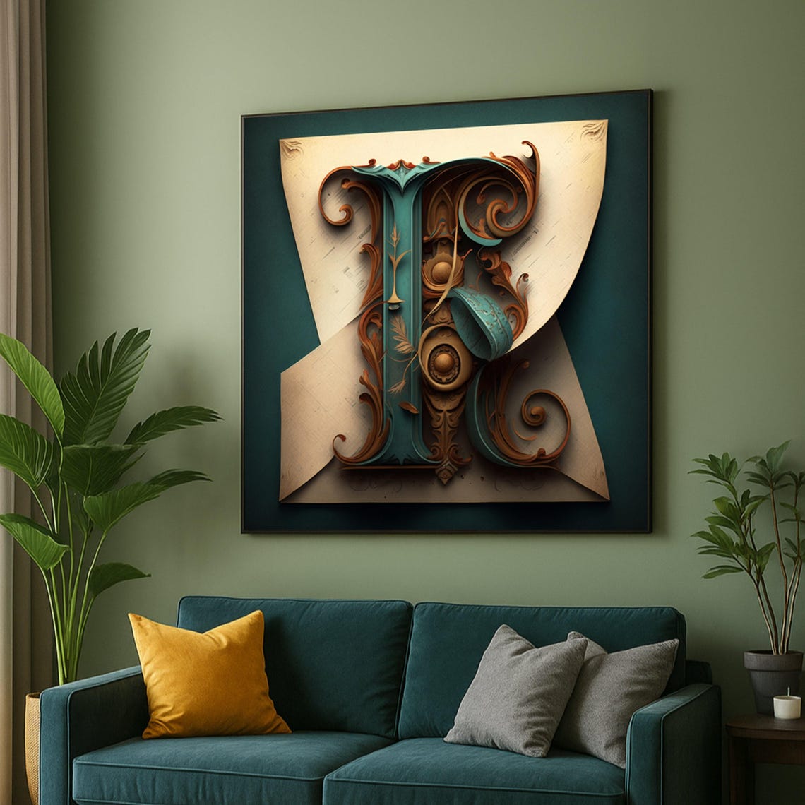 Letter R Teal Gold Baroque Ornate Scroll Monogram Canvas Wall Art