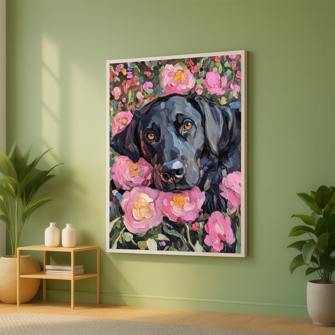 Black Labrador Retriever Among Pink Roses Floral Pet Portrait Poster