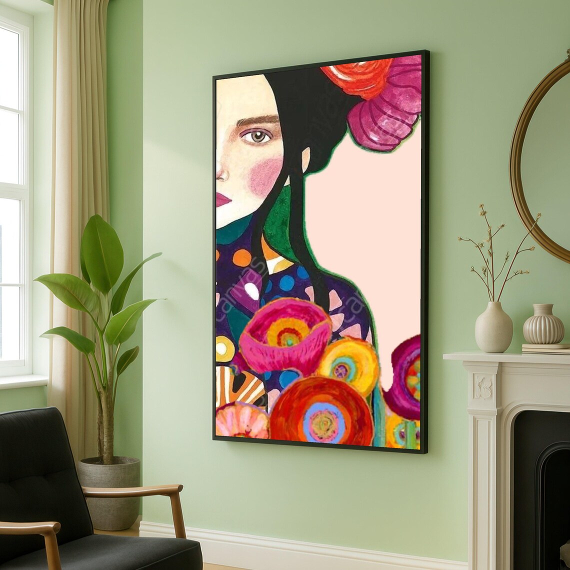 Colorful Floral Modern Female Face Vibrant Contemporary Art Print