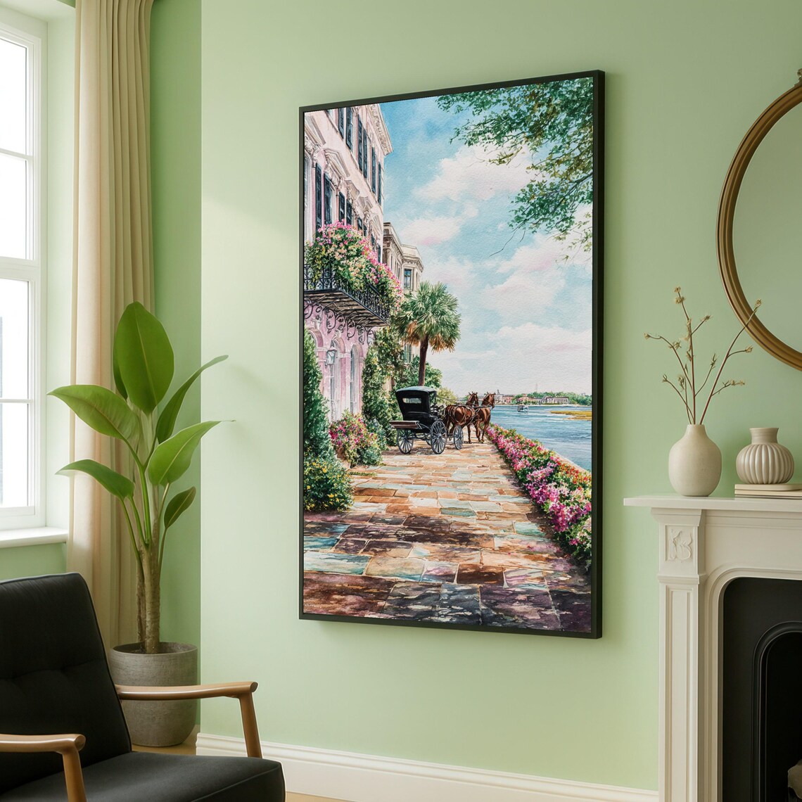Horse Carriage On Waterfront Flower Street Vintage Travel Poster