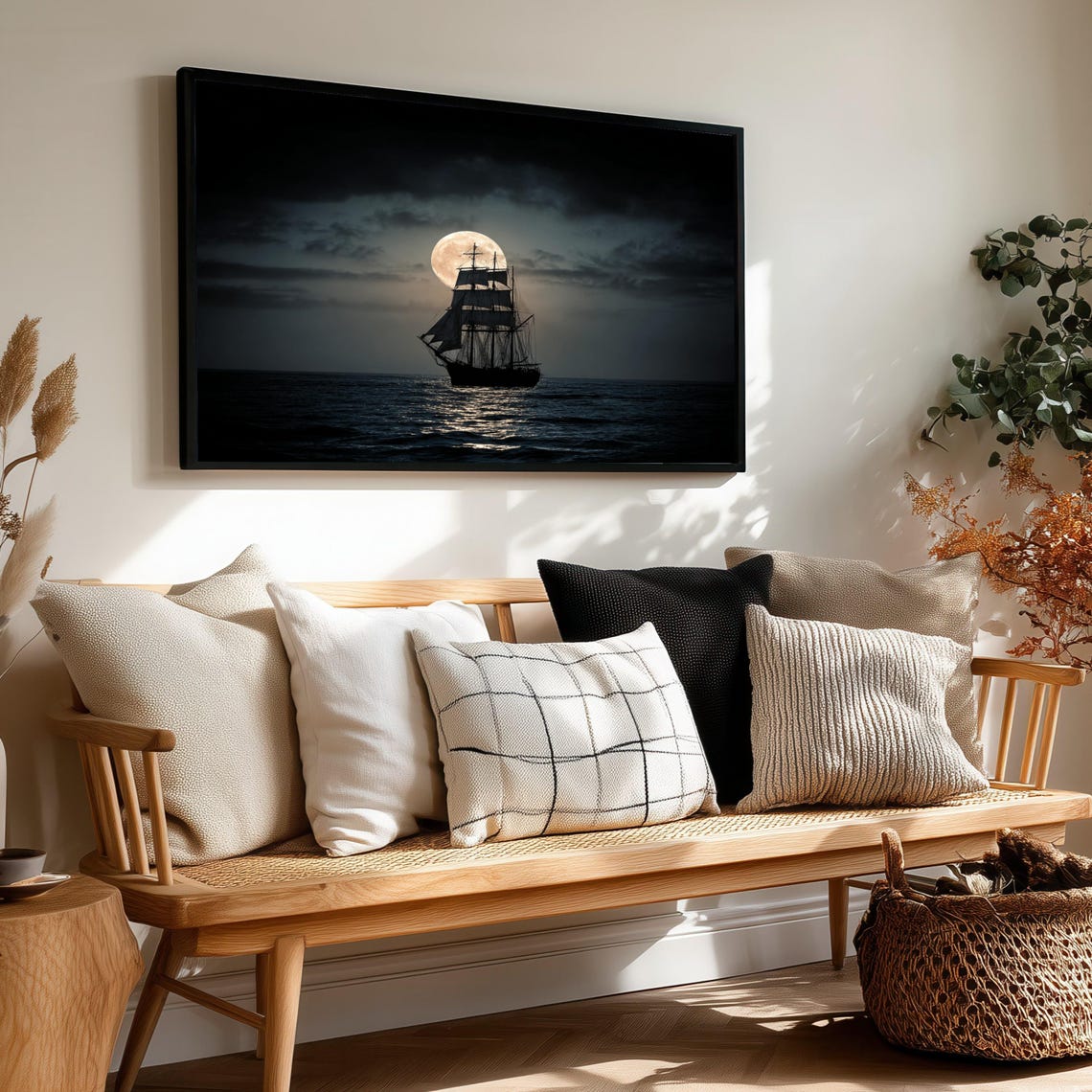 Tall Sailing Ship Silhouette Under Full Moon Night Ocean Poster