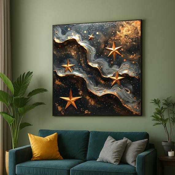 Golden Stars Abstract Canvas Metallic Gold Wall Art Cosmic Night Sky Decor Star Painting Modern Home Decoration
