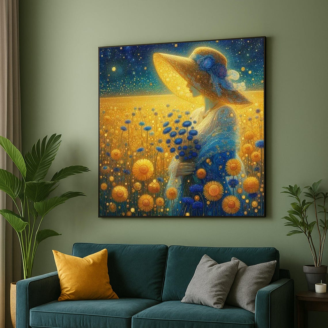 Woman in Sun Hat Among Golden Flowers Under Starry Night Sky Poster
