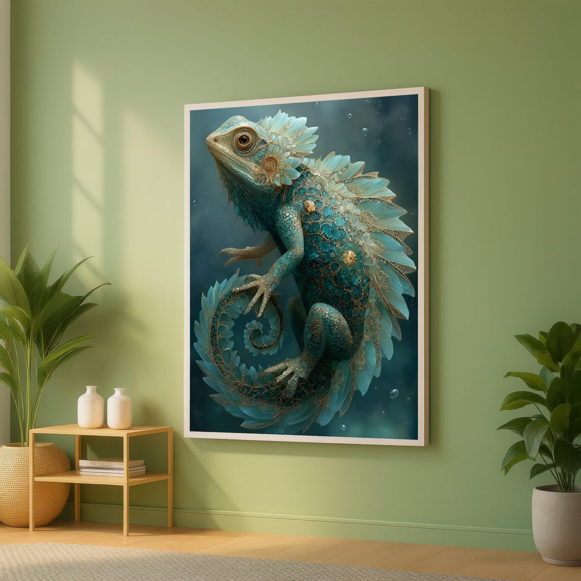 Fantasy Blue Chameleon Lizard Ornate Scales Decorative Art Poster
