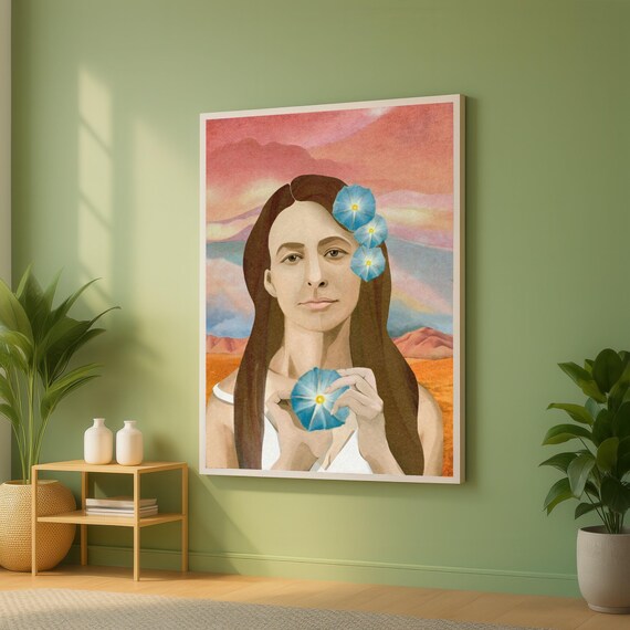 Woman With Blue Morning Glories in Her Hair Against a Desert Sunset Poster