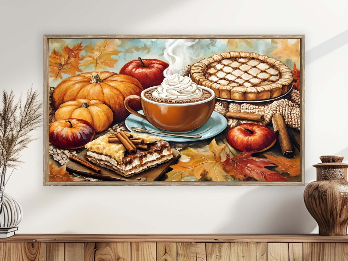 Cozy Fall Treats Hot Chocolate Pumpkin Pie Vintage Oil Painting Art Poster - Image 4