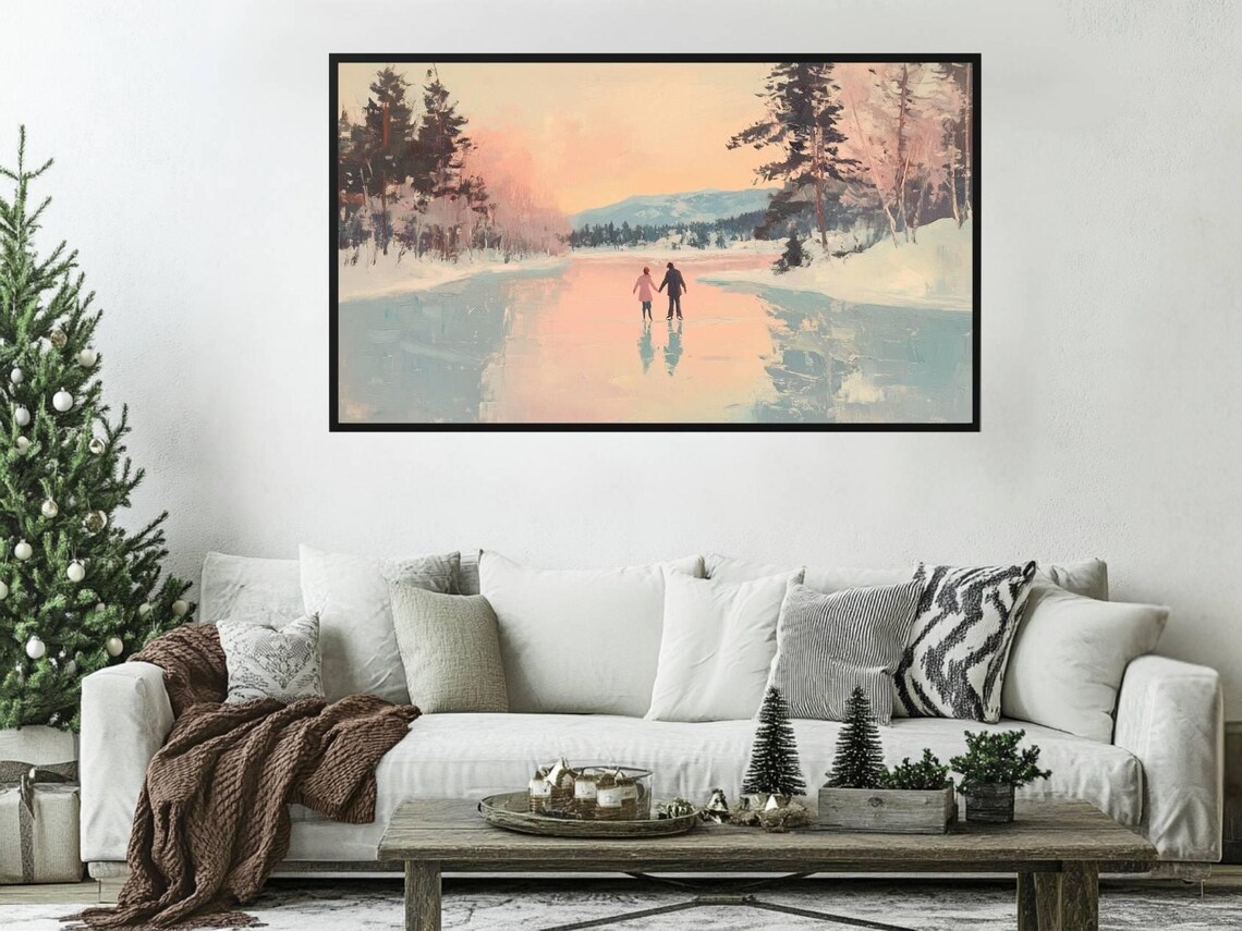 Vintage Couple Ice Skating Frozen Lake Pink Sunset Winter Frame TV Print - Image 4