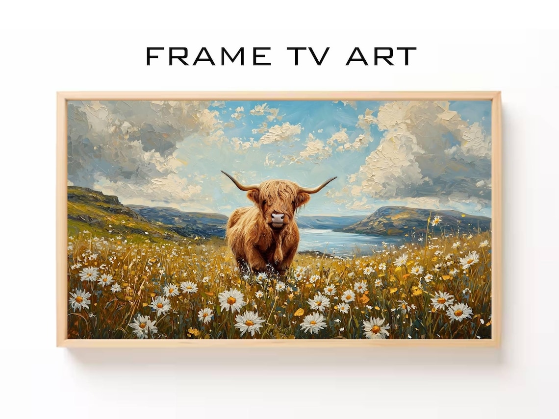 Highland Cow In Wildflower Meadow Art Print, Rustic