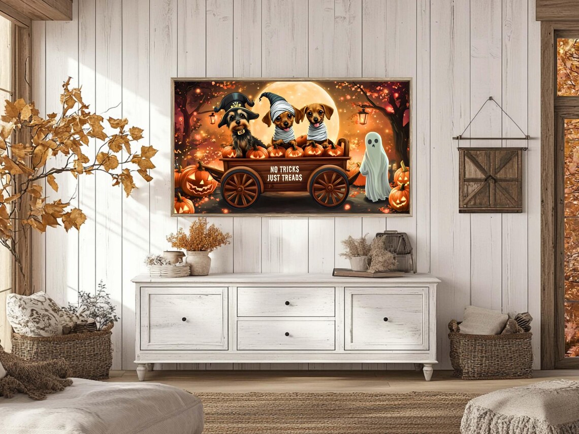 Halloween Dogs Costumes Pumpkin Wagon No Tricks Just Treads Wall Poster - Image 4