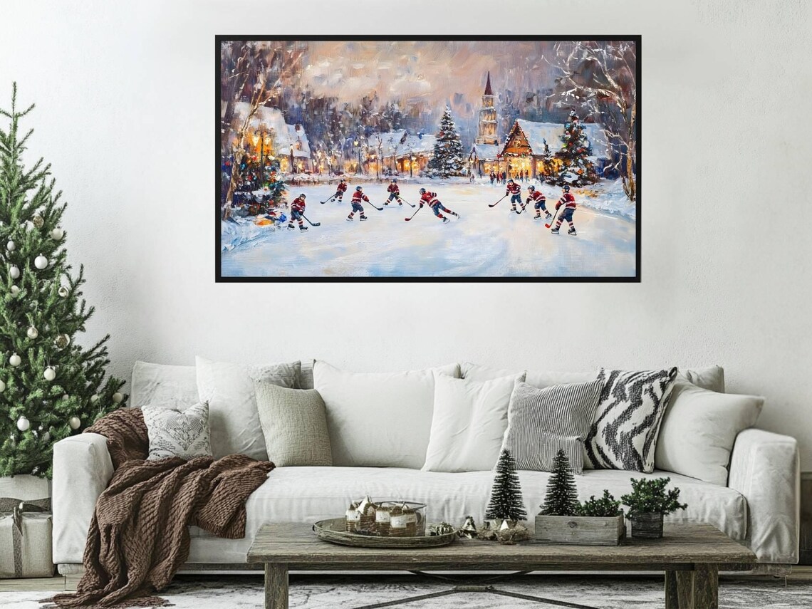 Vintage Hockey Players Frozen Pond Village Christmas Winter Art Poster - Image 4
