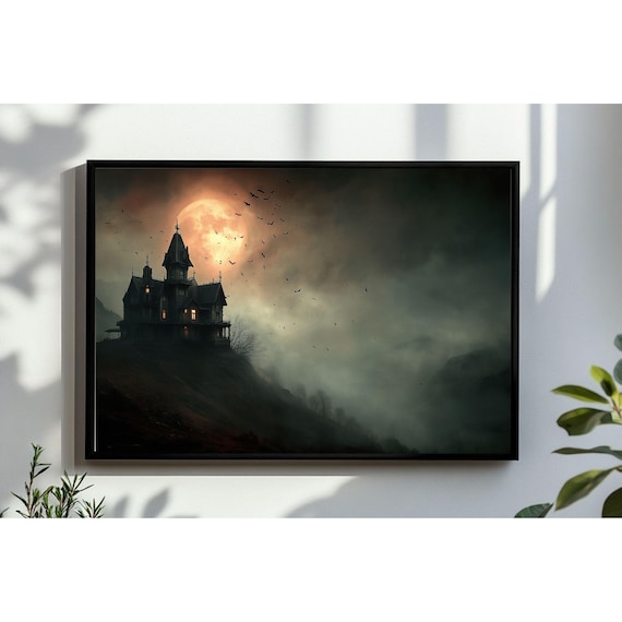 Haunted House Landscape Oil Painting Wall Art Spooky Halloween Print Occultic Moody Gothic