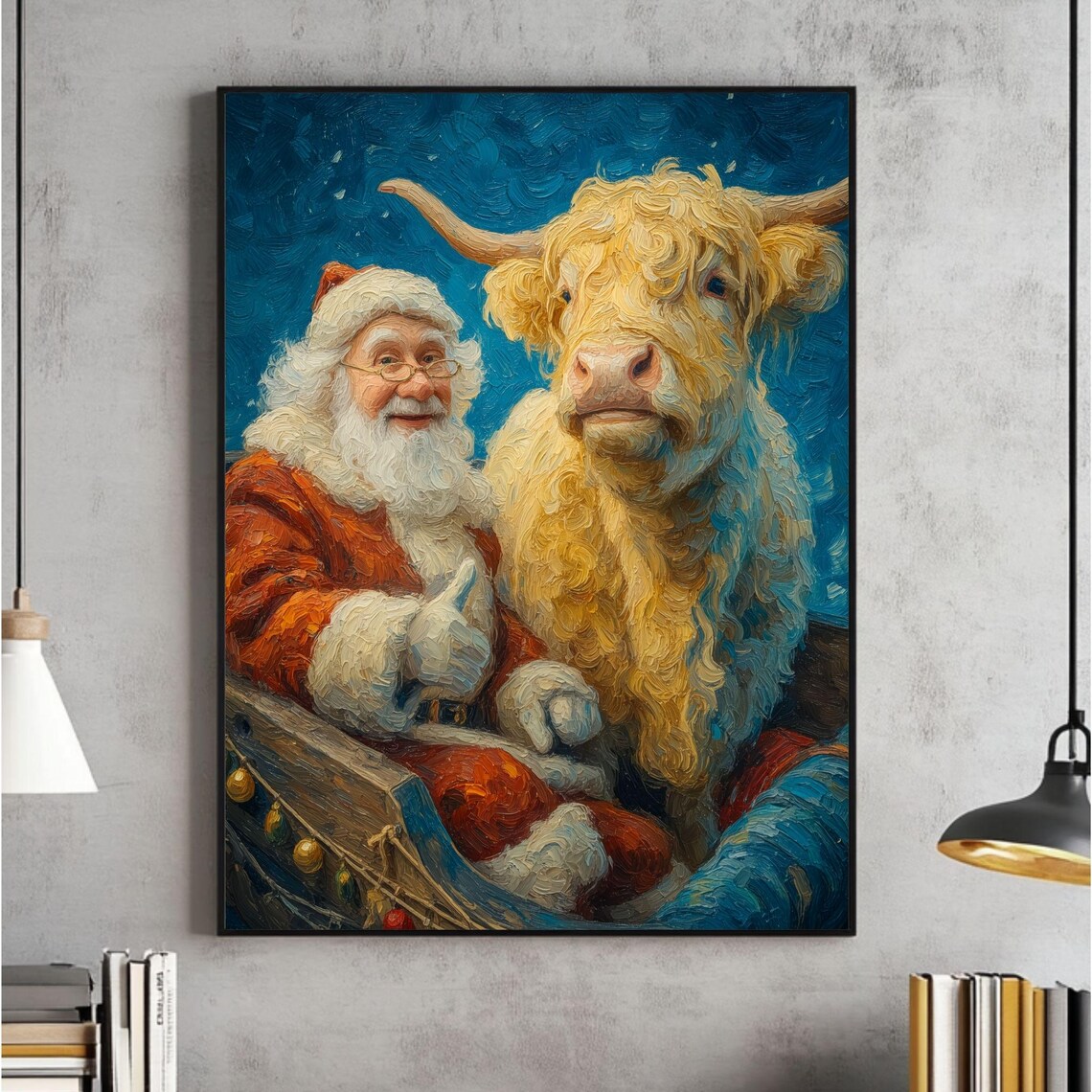Santa Claus With Highland Cow In Sleigh Cute Christmas Poster