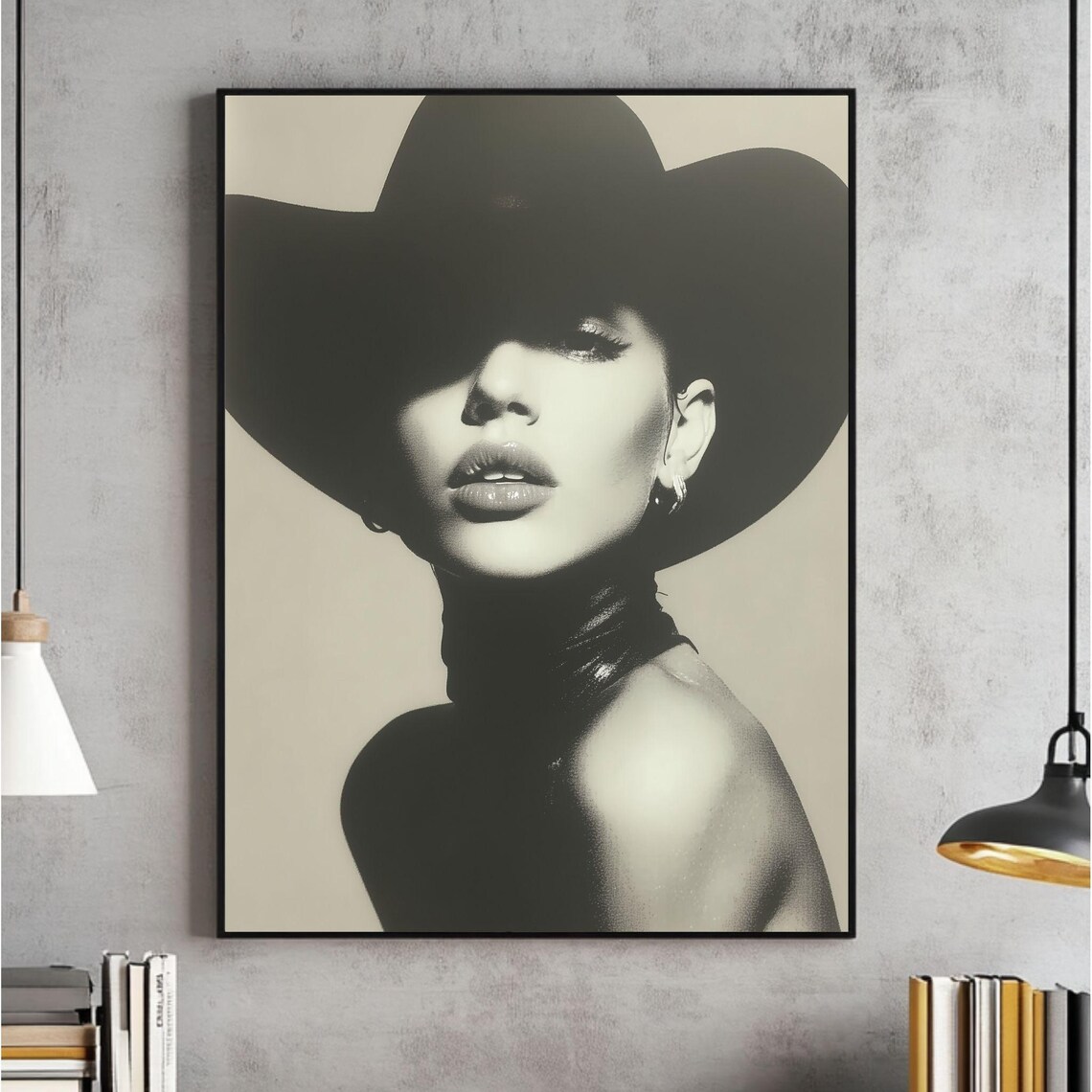Chic Cowgirl In Wide Brim Hat Monochrome Fashion Portrait Poster