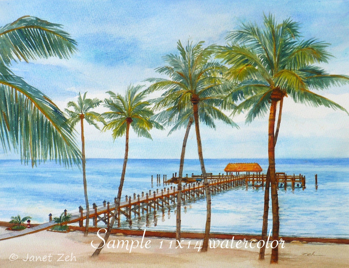 Palm Trees Wooden Pier Calm Turquoise Sea Tropical Watercolor Poster