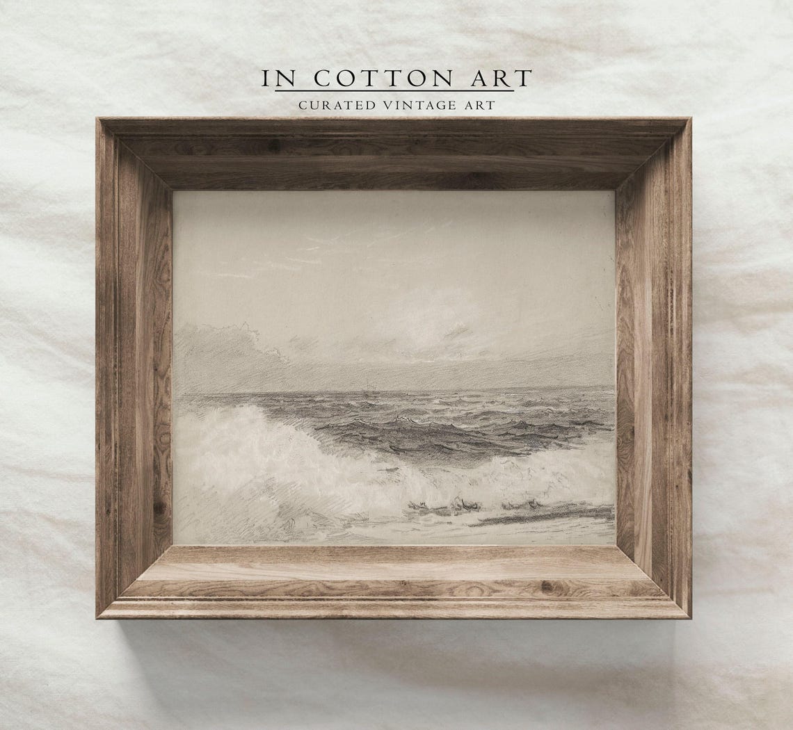 Ocean Waves Charcoal Sketch Monochrome Seascape Drawing Art Print - Image 3