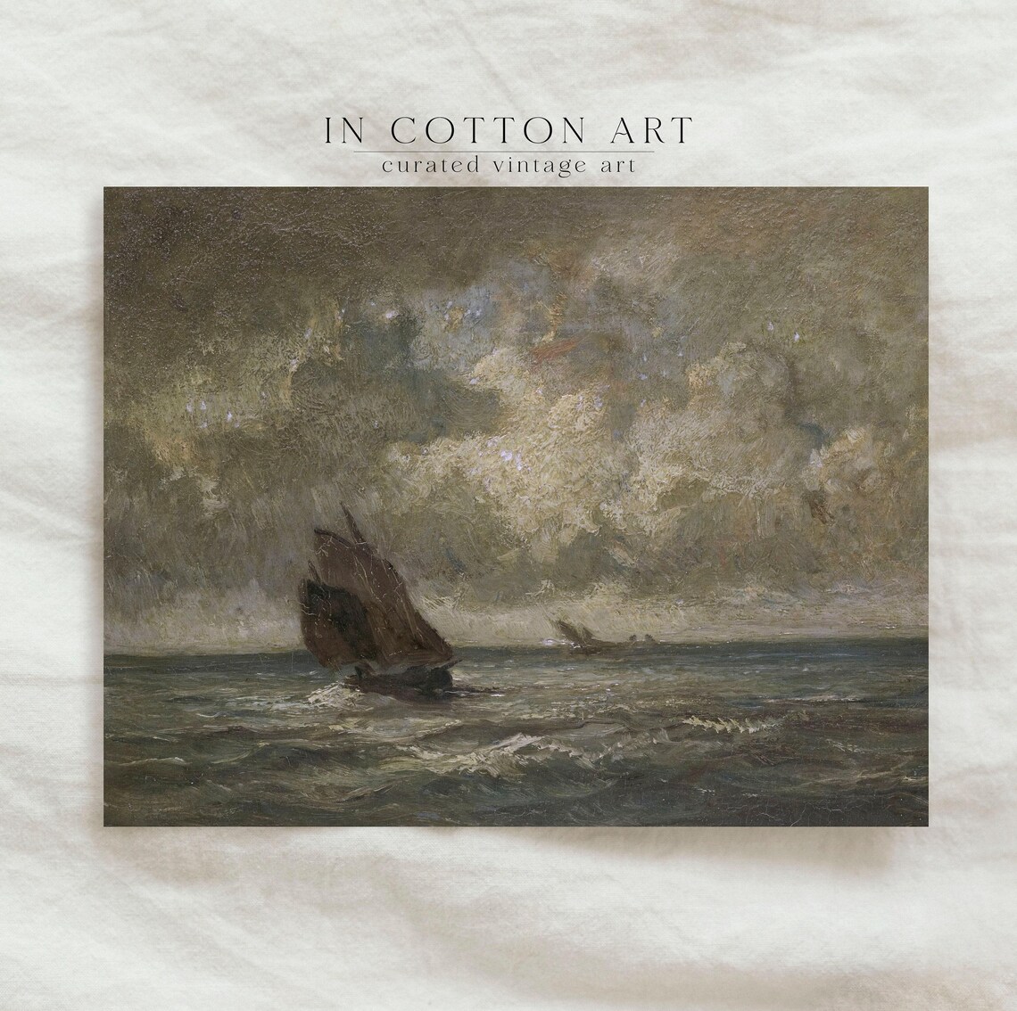 Vintage Moody Seascape Oil Painting, Dark Boat