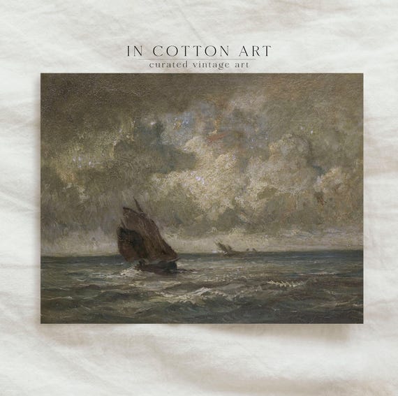 Vintage Moody Seascape Oil Painting, Dark Boat
