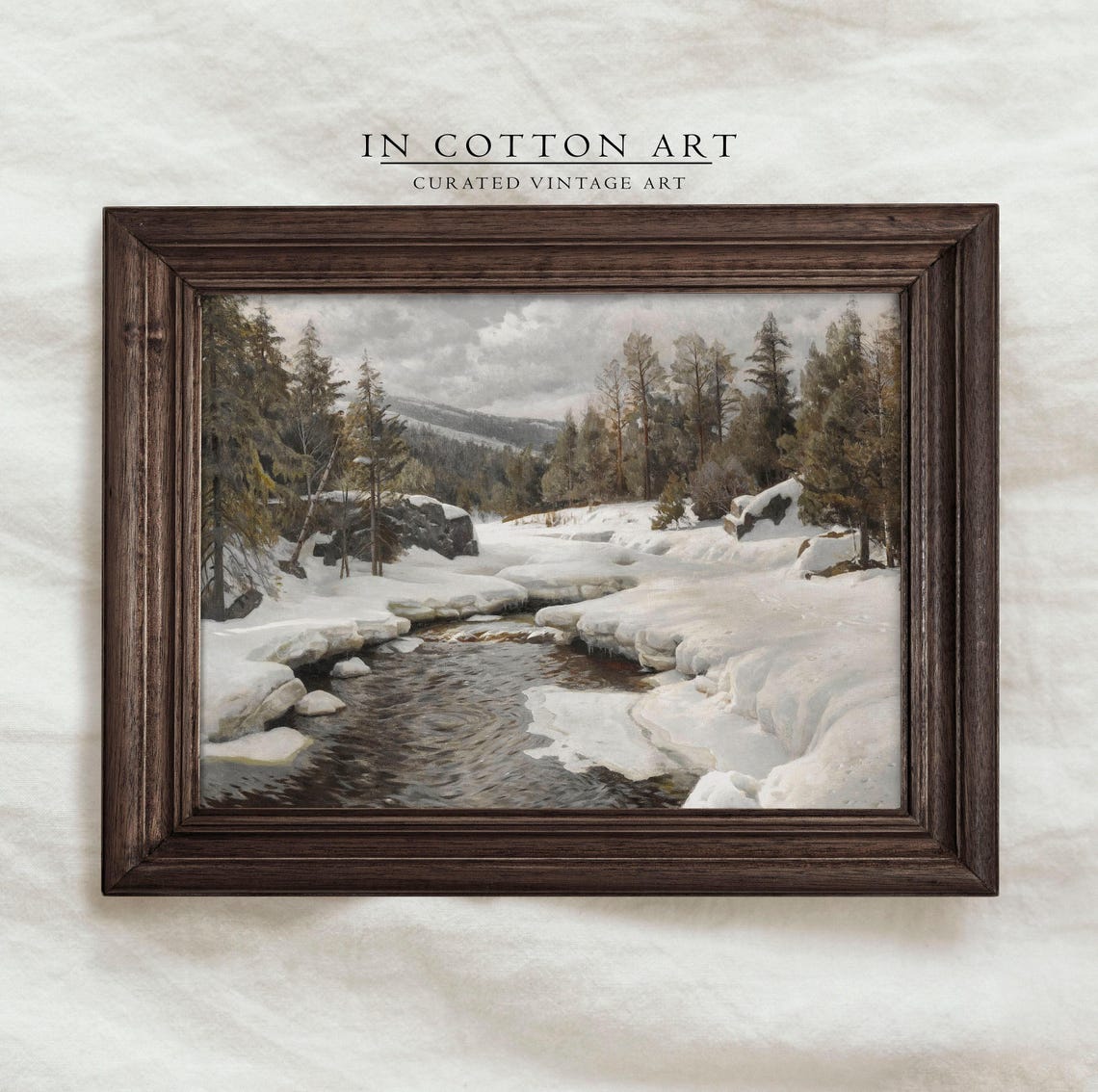 Snowy Pine Forest Stream Winter River Vintage Landscape Painting - Image 4