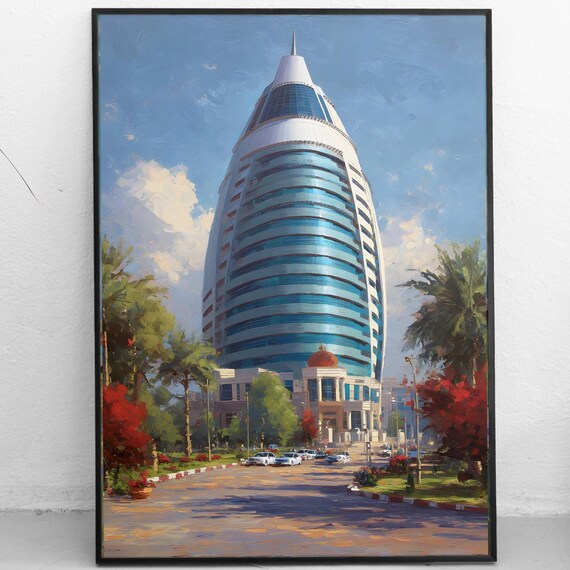 Khartoum Alfateh Tower Art Print Corinthia Hotel Sudan Cityscape Nile River Travel Wall Decor Oil Painting Style