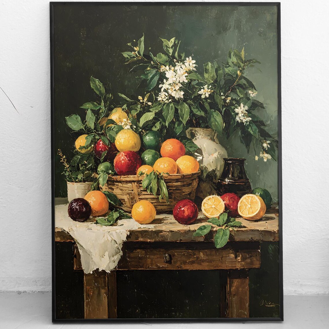 Vintage Fruit Still Life Poster with Citrus Basket and Orange Blossom Art