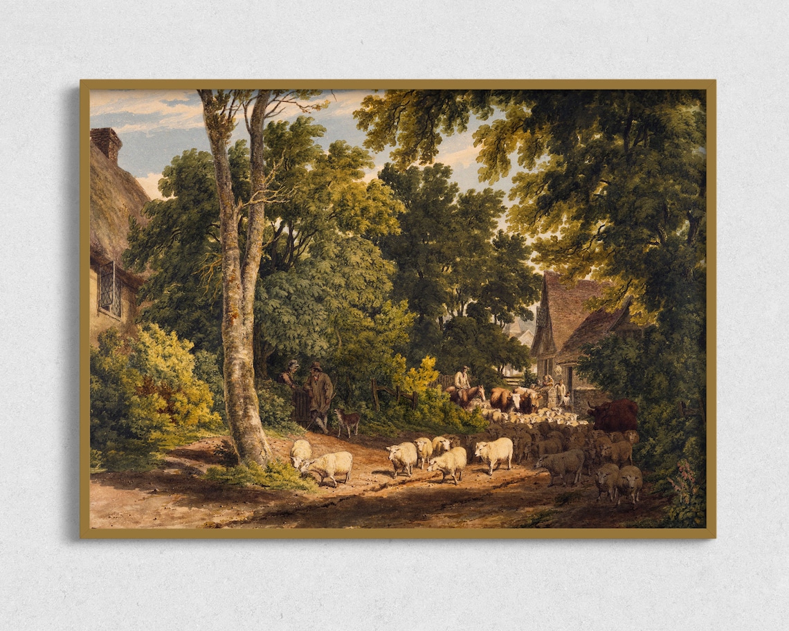 Sheep Landscape Vintage Oil Painting Art Print