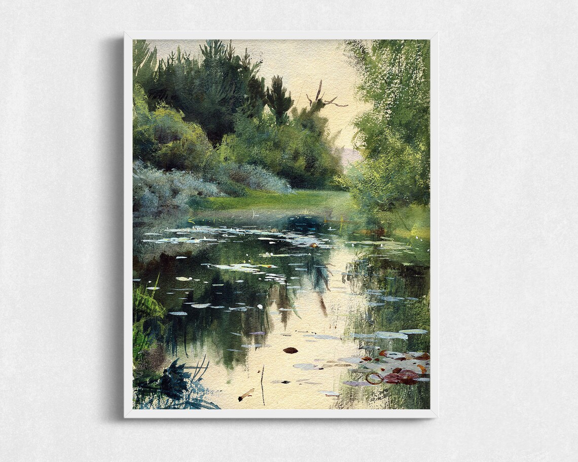 Quiet Pond Reflections Lily Pads Watercolor Nature Painting Poster