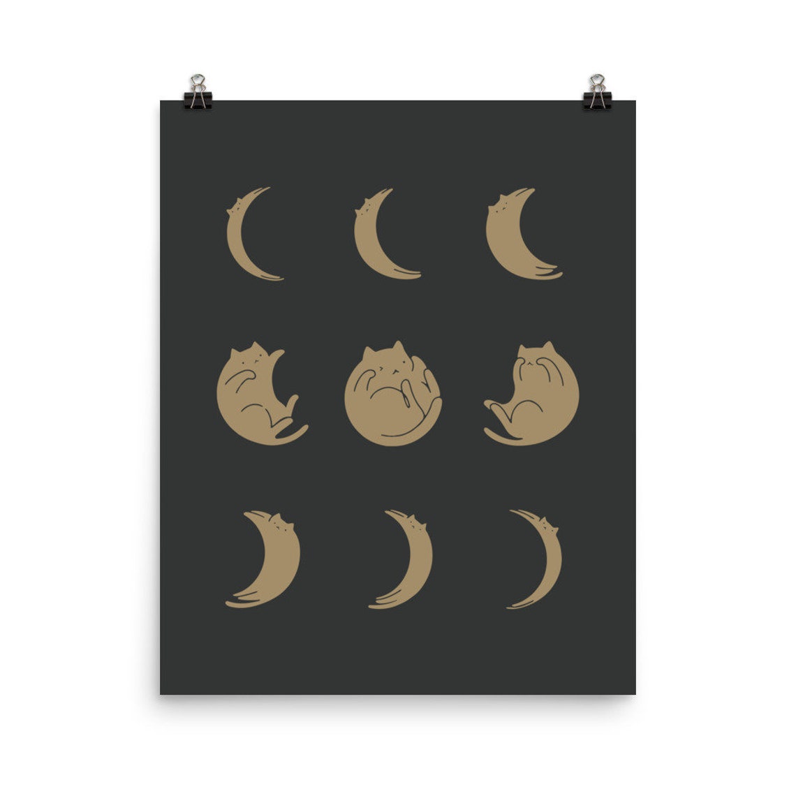 Gold Cat Moon Phases Illustration on Black Background Poster