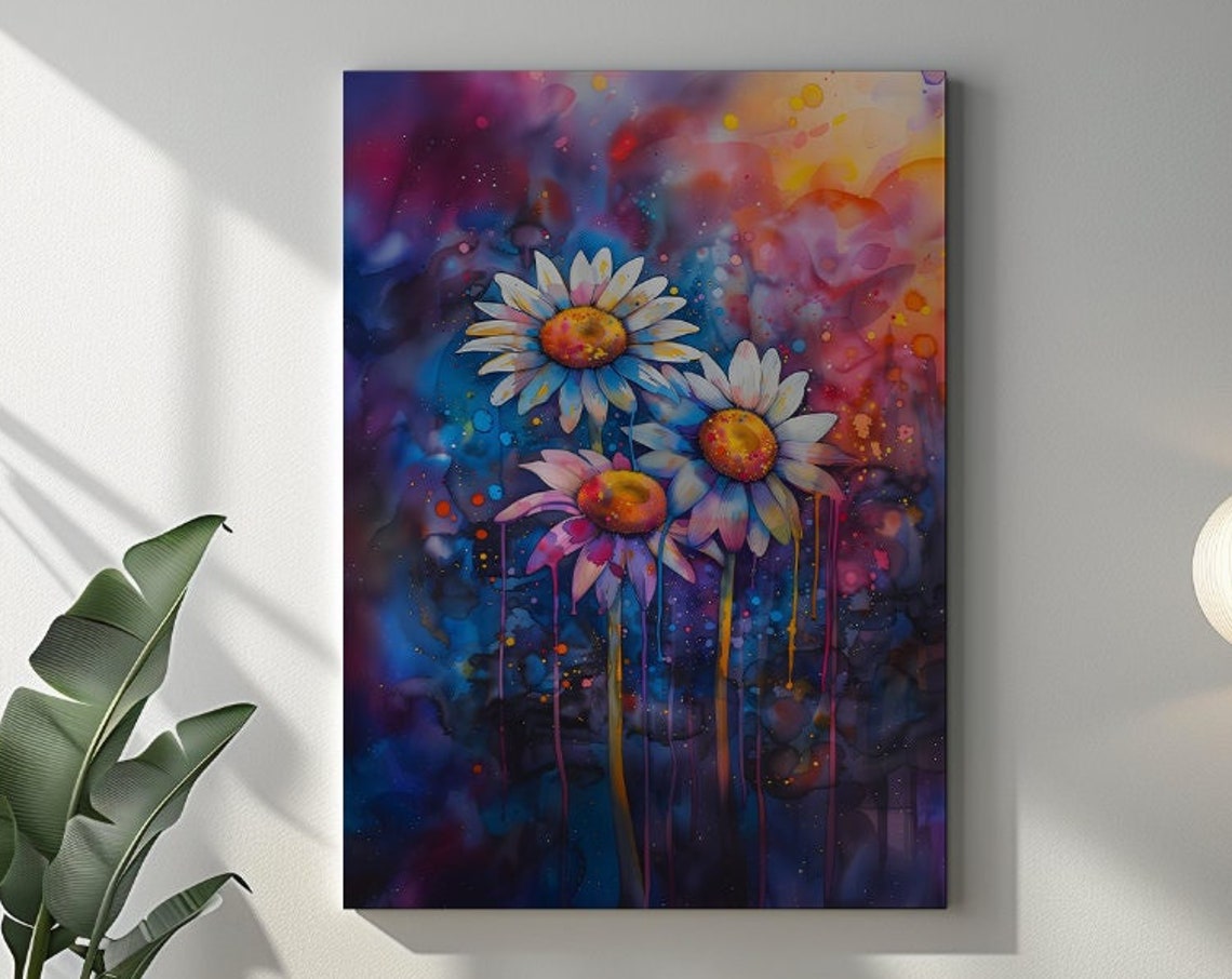 White Daisies Blooming Beneath a Starry Cosmic Galaxy Night Sky Poster