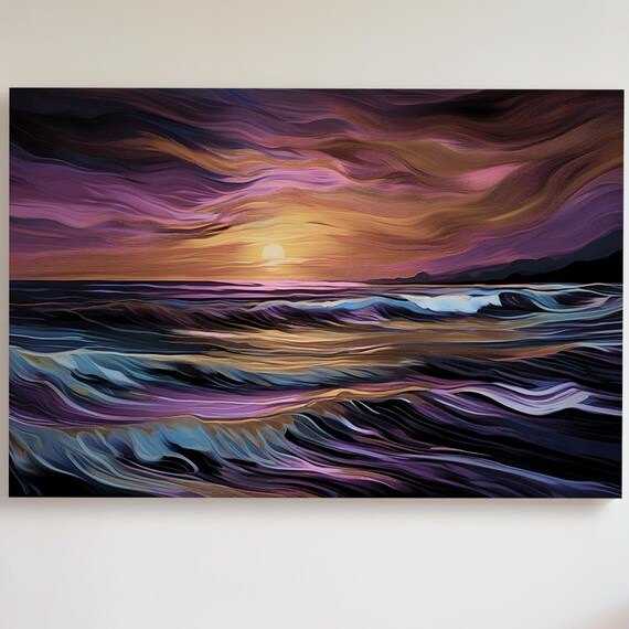 Purple Sunset Ocean Waves Dramatic Seascape Golden Sun Abstract Art Print