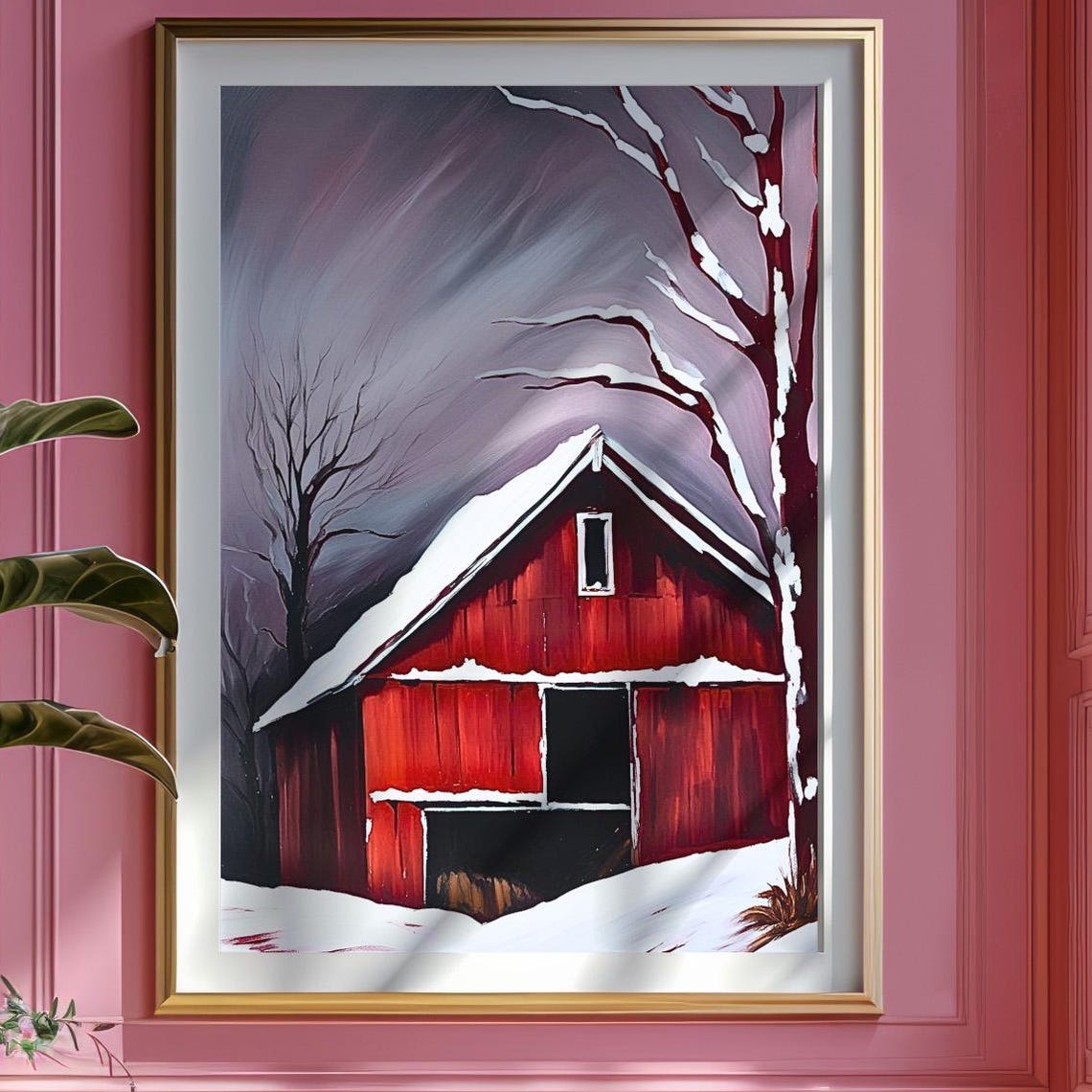 Red Barn Winter Snowfall Rustic Farmhouse Landscape Painting Wall Art